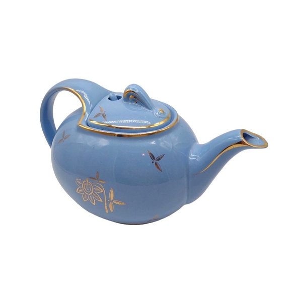 Tea Pot Hall Cadet Blue 1940s Hooked Lid Gold Trim 6 Cup - Picture 1 of 11